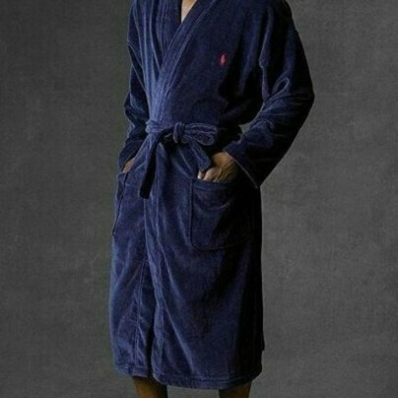 NWT POLO‎ RALPH LAUREN MEN'S VELOUR TERRY PLUSH BATH ROBE NAVY BLUE - Picture 1 of 9